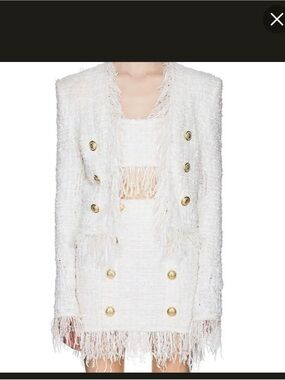White Fringe Tweed Double-Breasted Jacket Skirt Set - fits like XS